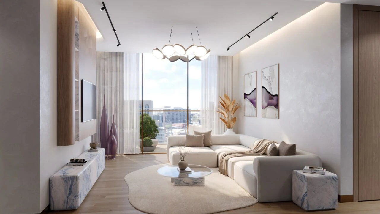 Kaia Residences living room with broad glazing and coastal outlook