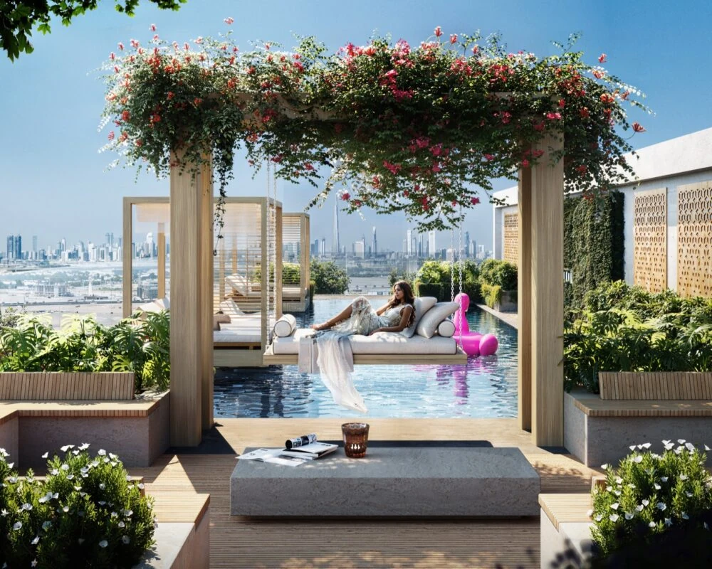 The Cube Residences rooftop pool and garden seating