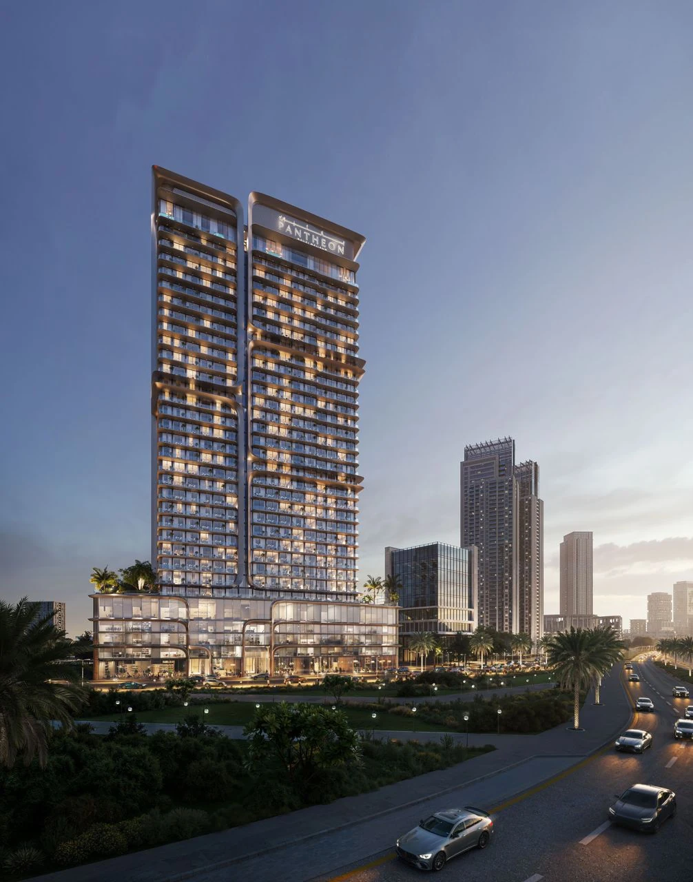 VOXA — Full residential tower at dusk
