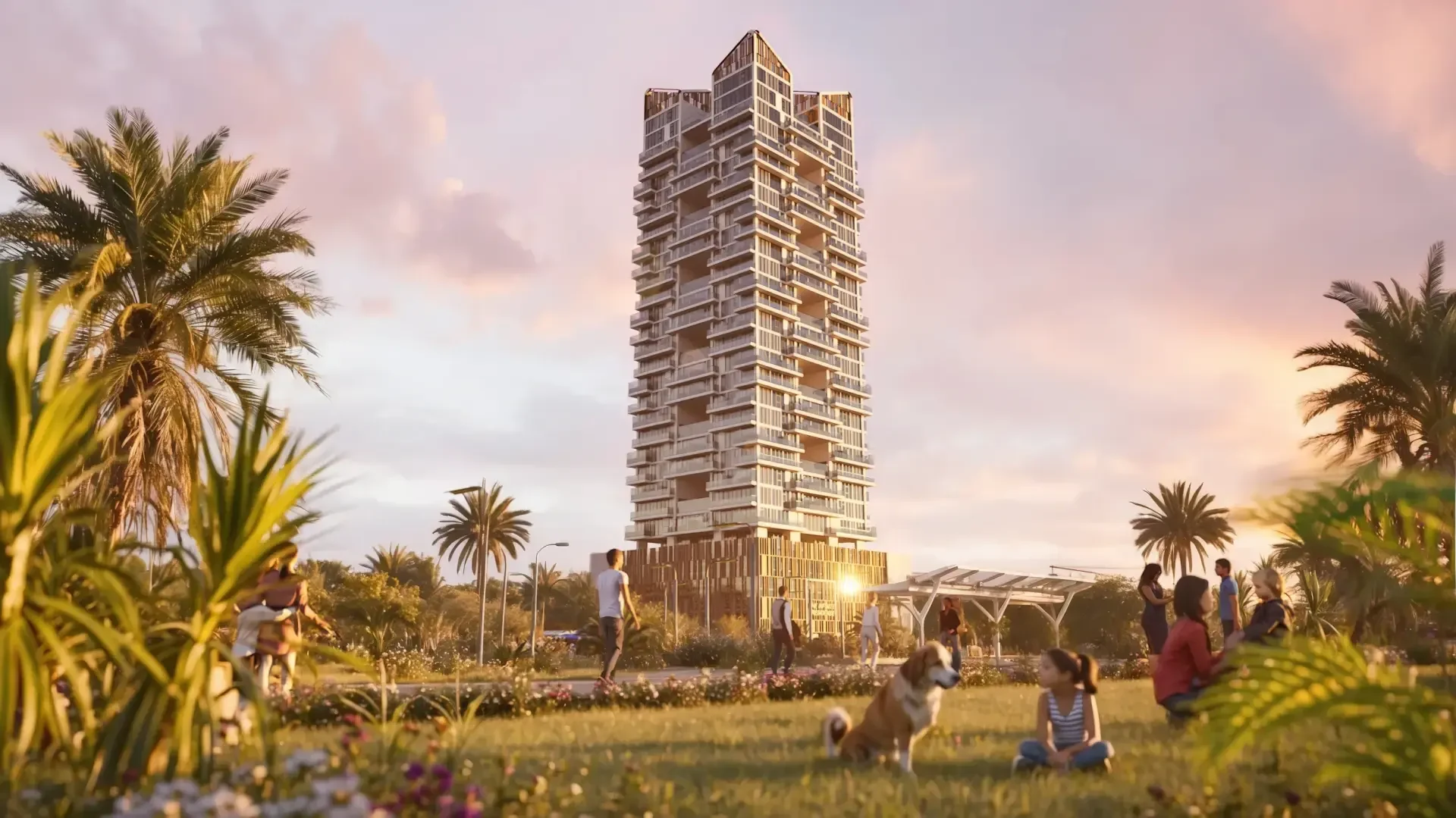 Gharbi II tower and landscaping at sunset