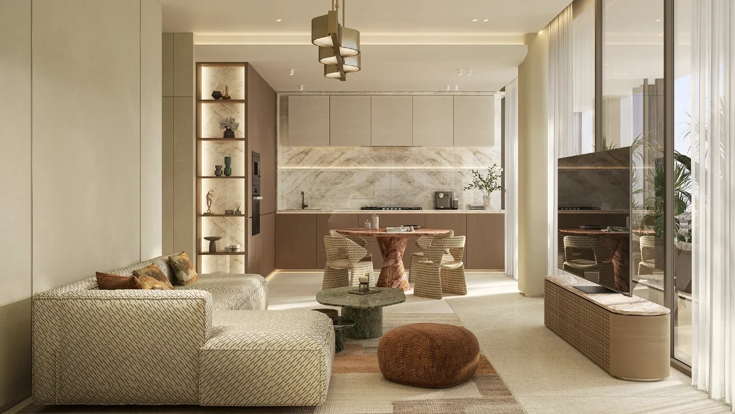 Rabdan Square living room and kitchen rendering