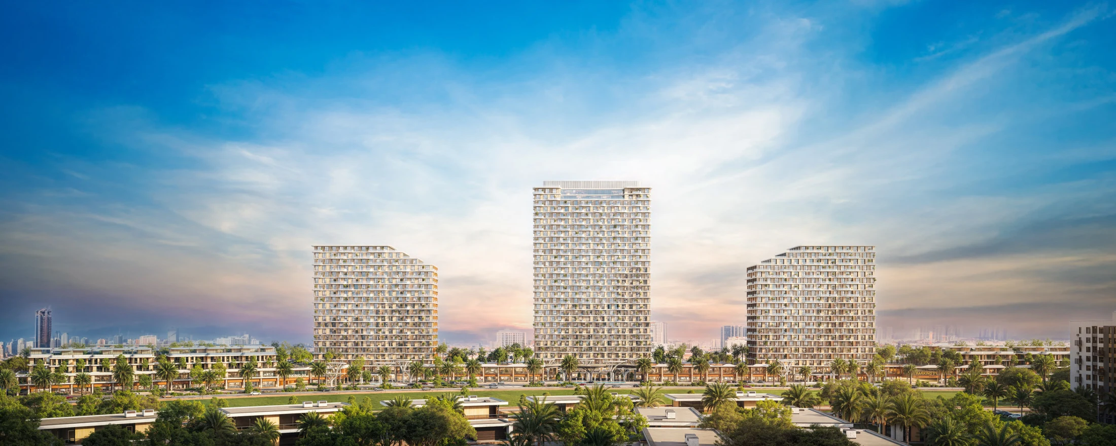 Takaya exterior overview with three residential towers