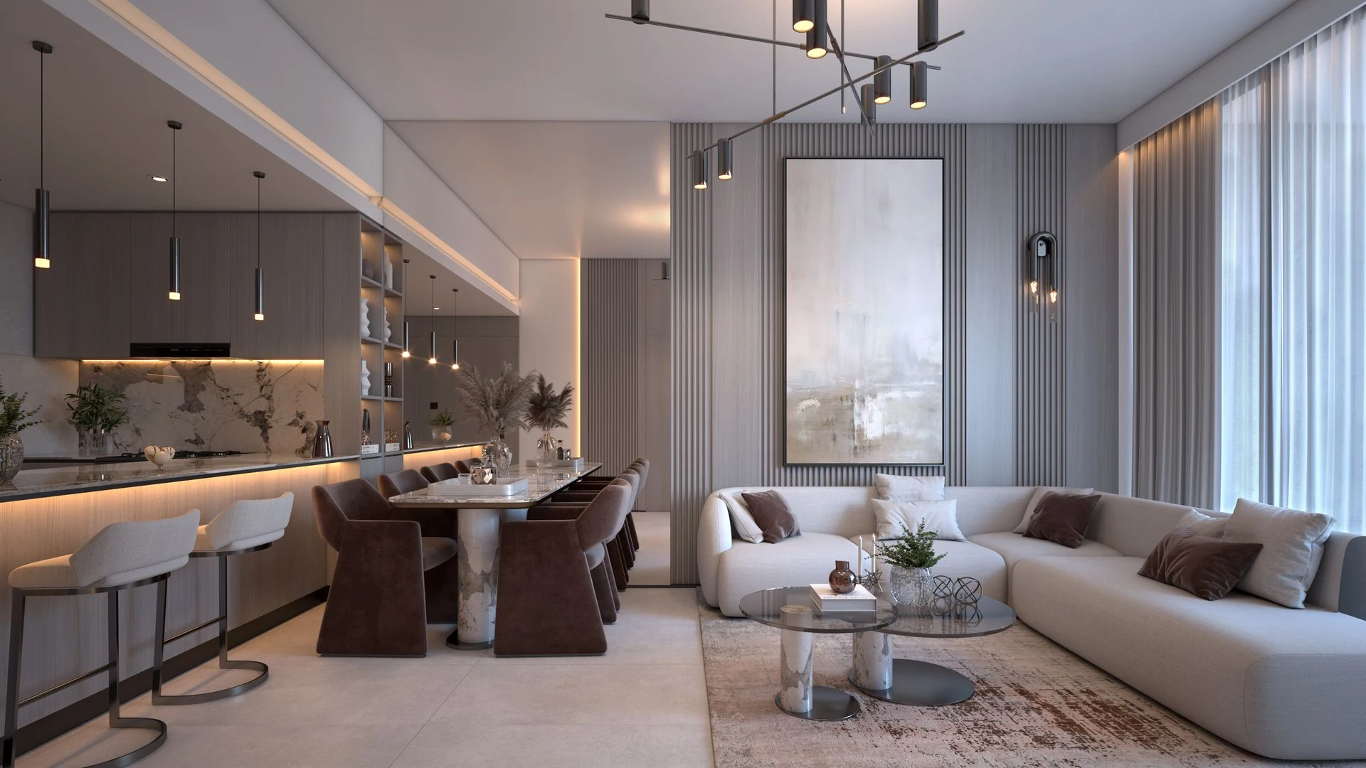Soul by Vision living room and kitchen rendering