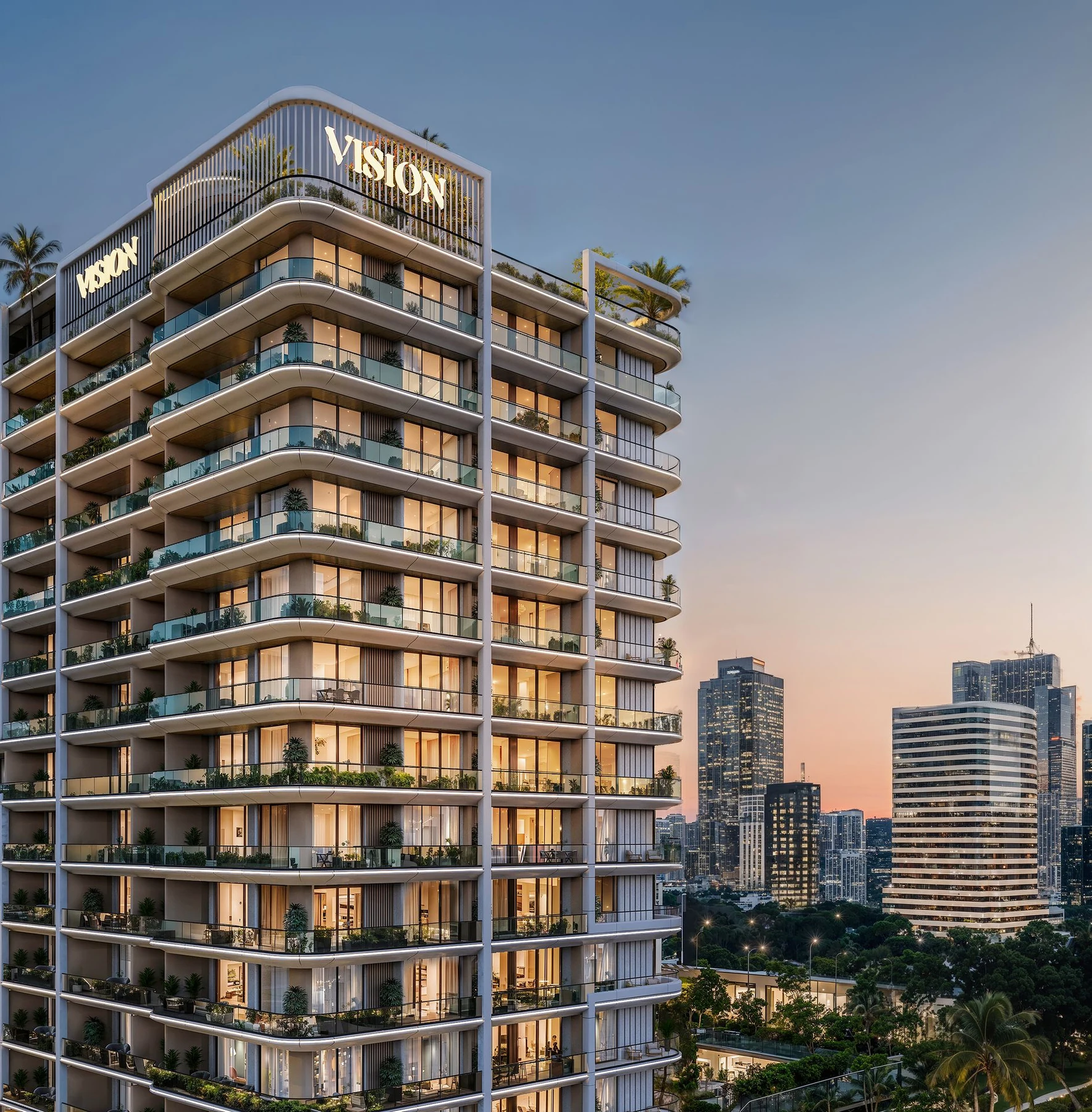 Vista by Vision facade and balconies at dusk