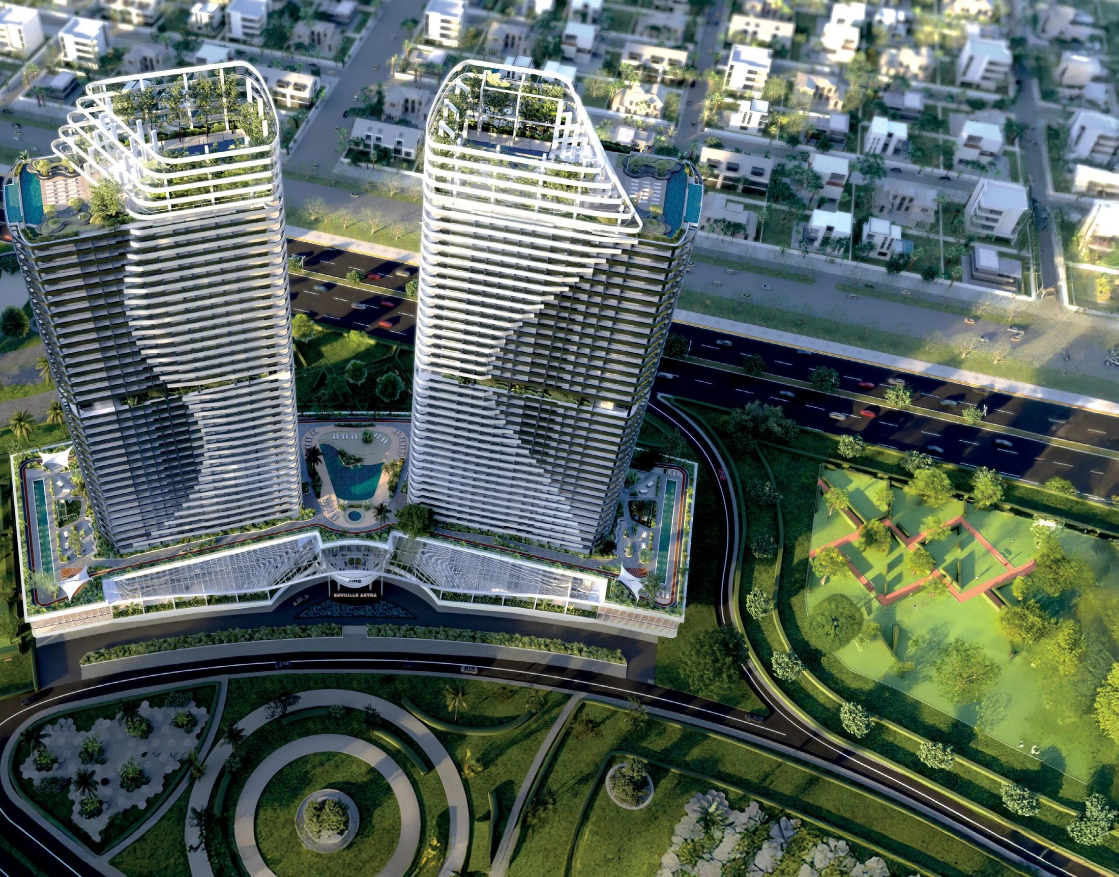 SkyHills Astra towers and communal spaces