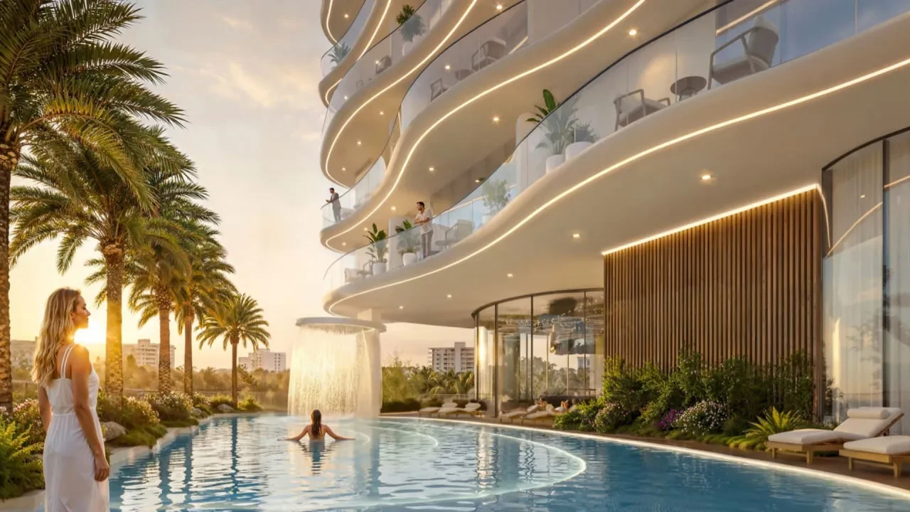 Zeta — podium swimming pool and rounded balconies