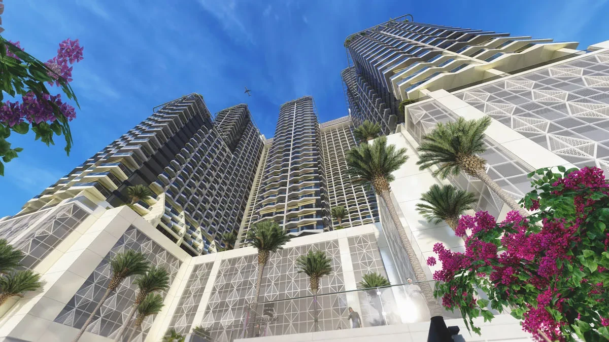 Golf Views Seven City JLT — Façade from landscaped podium