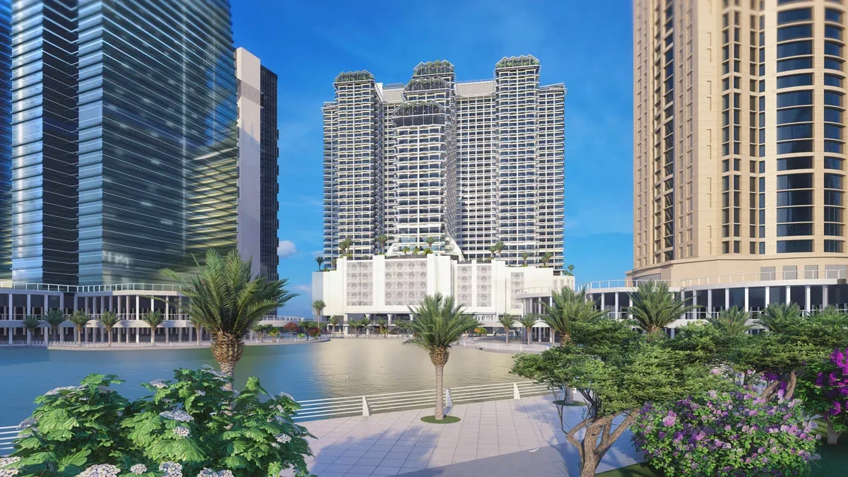 Golf Views Seven City JLT — Lakeside setting and façade
