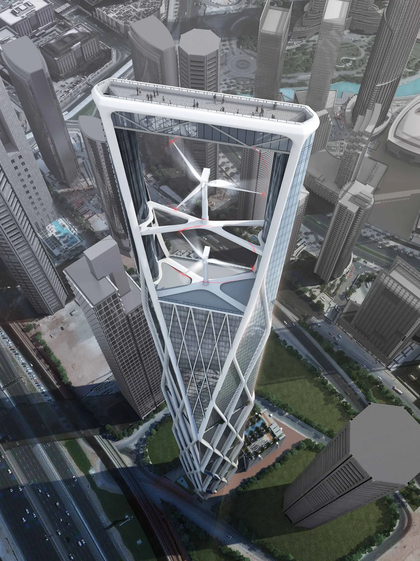SRG Tower — aerial view of diagrid and rooftop design
