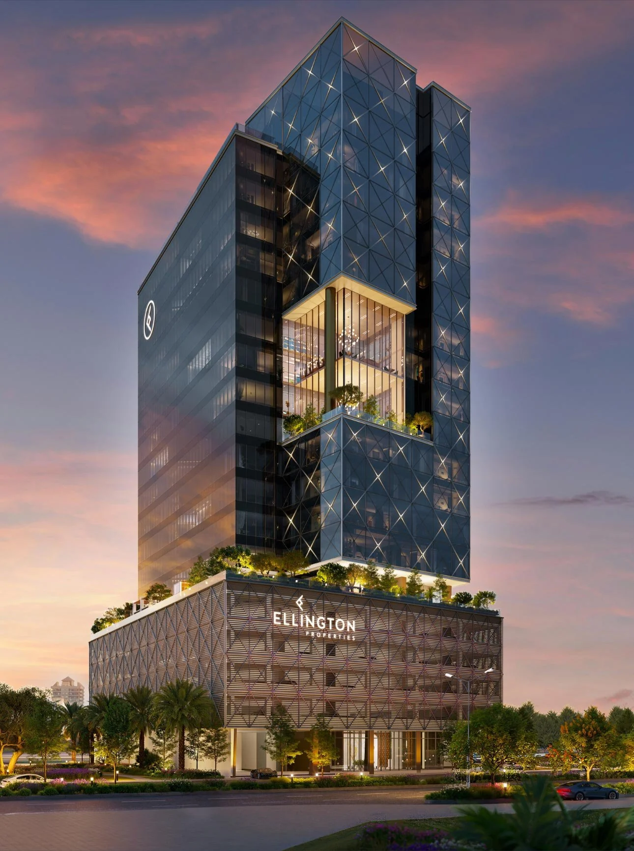 Exterior of Eaton Square at sunset — architectural rendering
