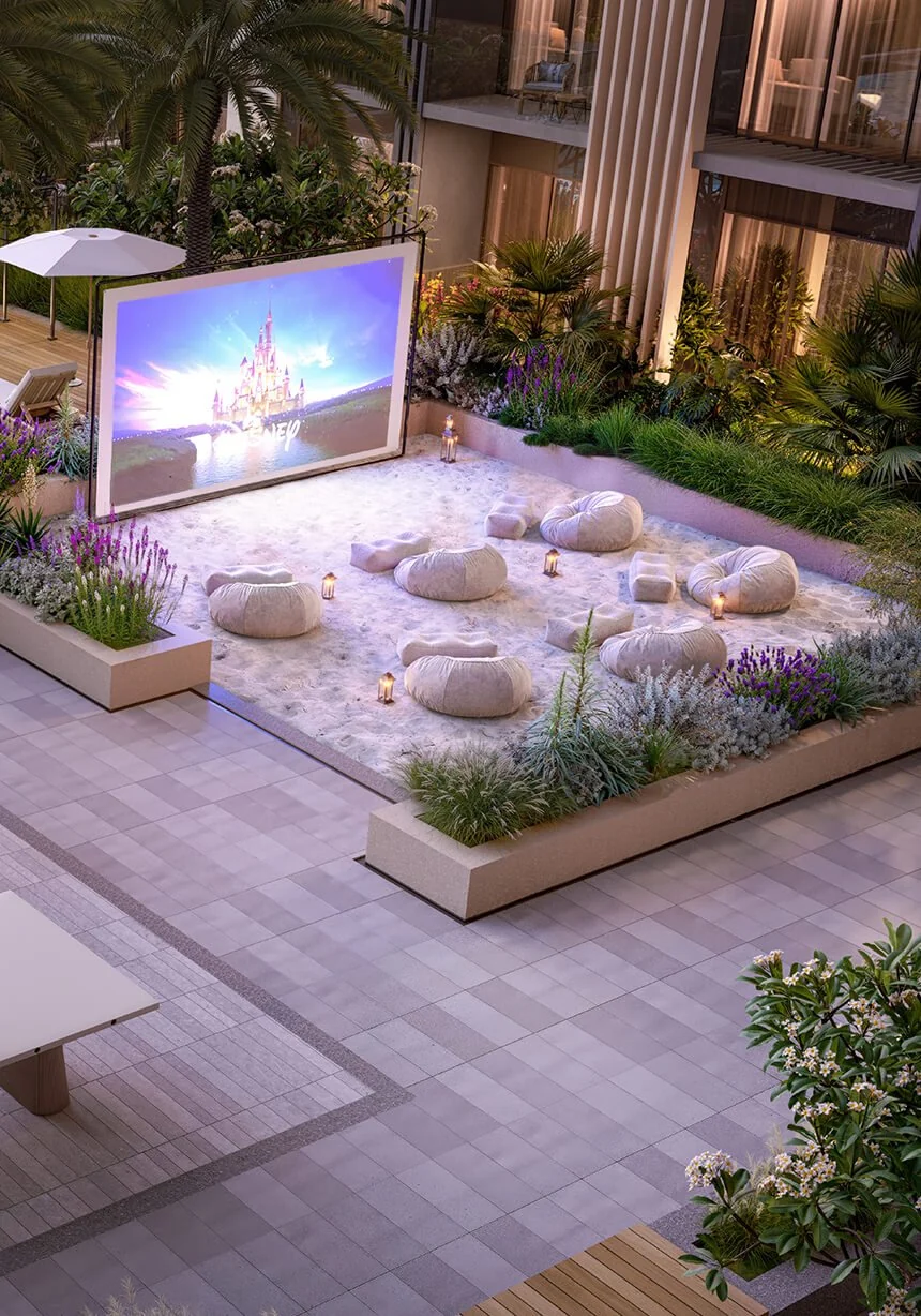 Outdoor cinema and seating at Everly Place — architectural rendering