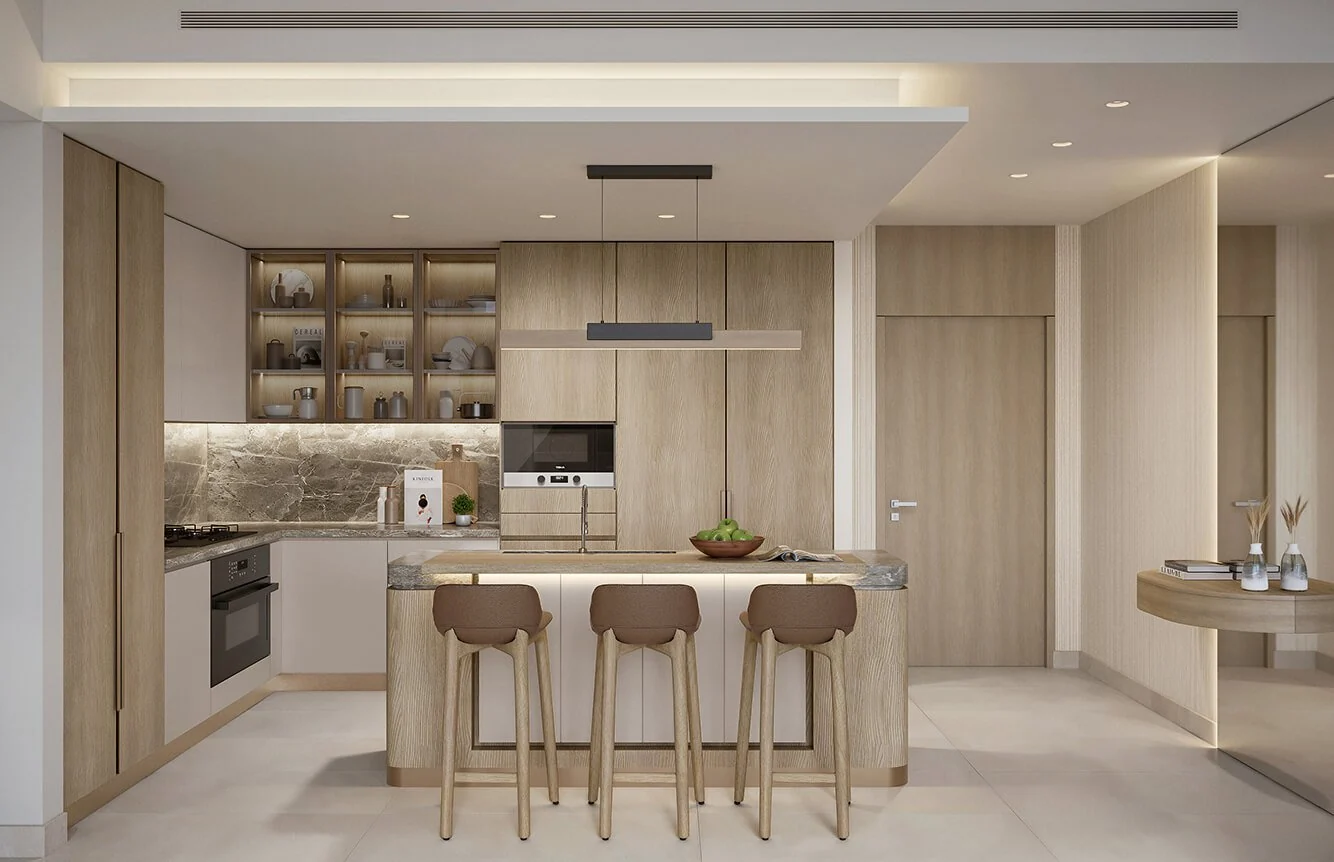 Kitchen and dining area at Everly Place by Ellington — architectural rendering