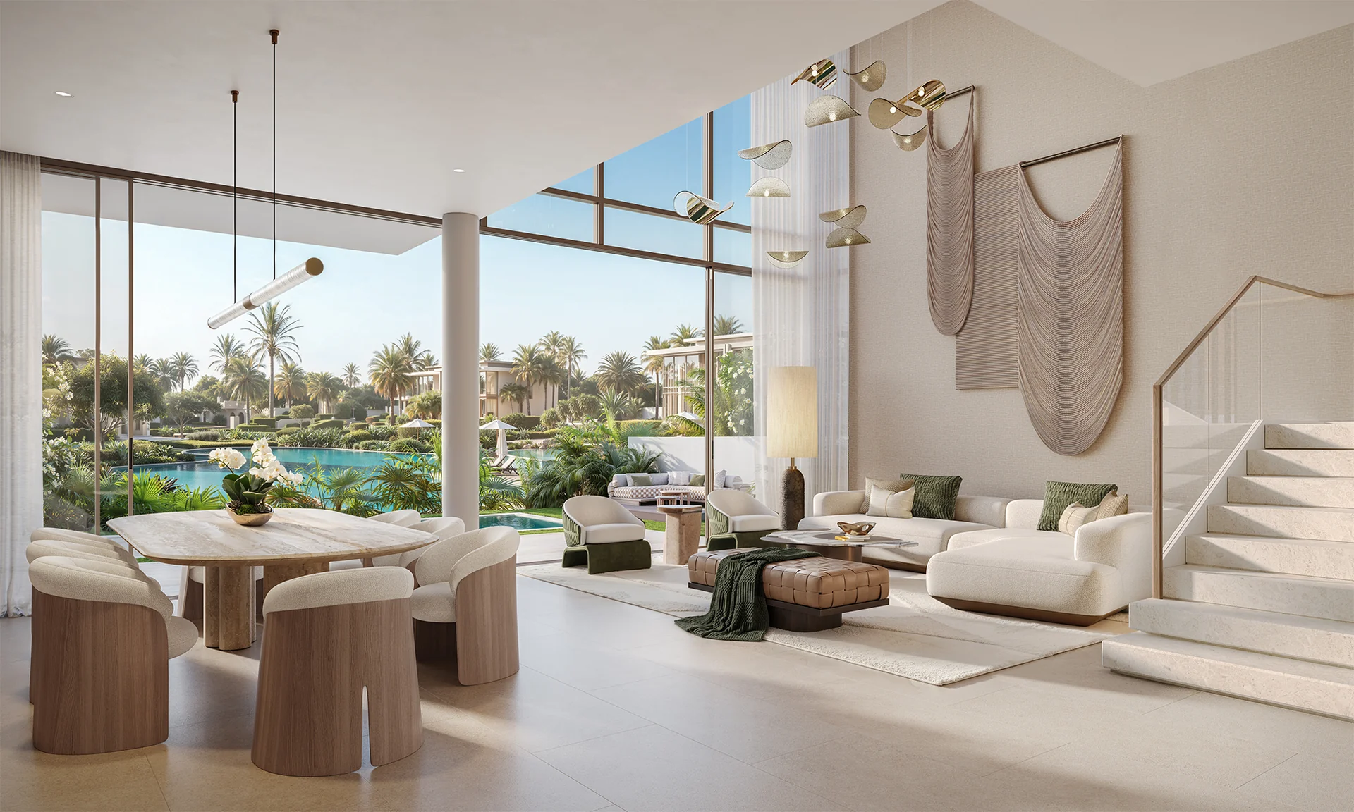 Bay Estate — official interior rendering of an open living and dining room