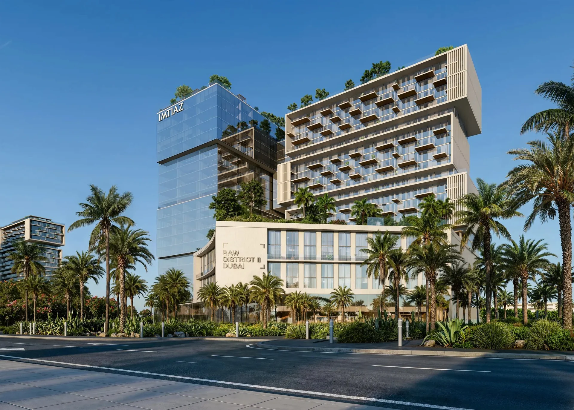 Landscaped exterior of RAW District II by Imtiaz — architectural rendering