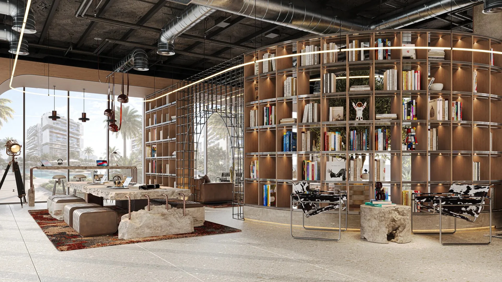 Library-style shared seating at RAW District II by Imtiaz — architectural rendering