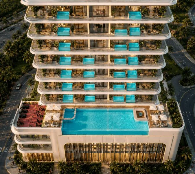 Elevated view of SAMANA Ocean Crest and its shared pool