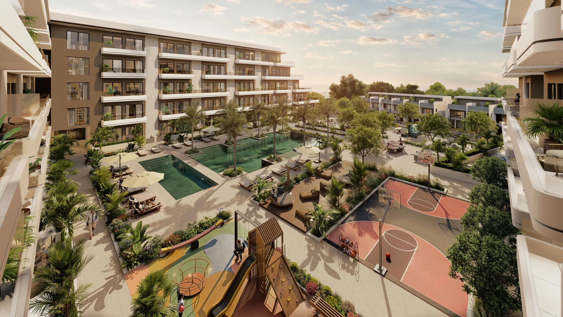 Landscaped podium and sports court at SOL TERRA GARDENS
