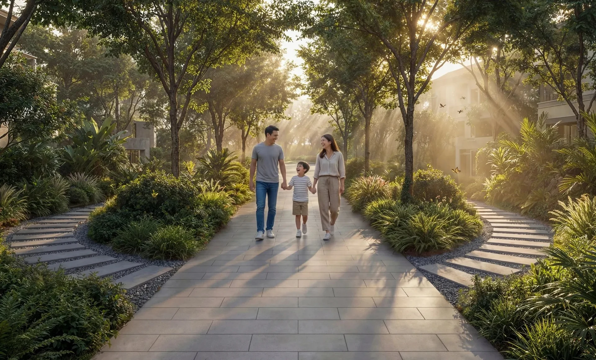 Green walking path at The Woods — architectural rendering