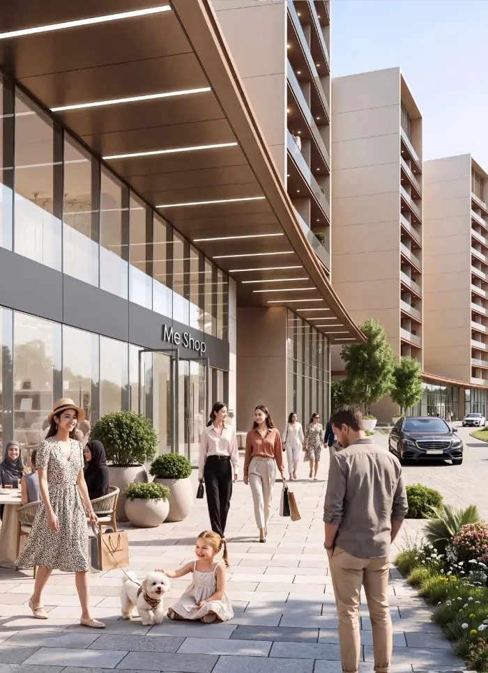 Building entrance and outdoor seating at The Woods — architectural rendering