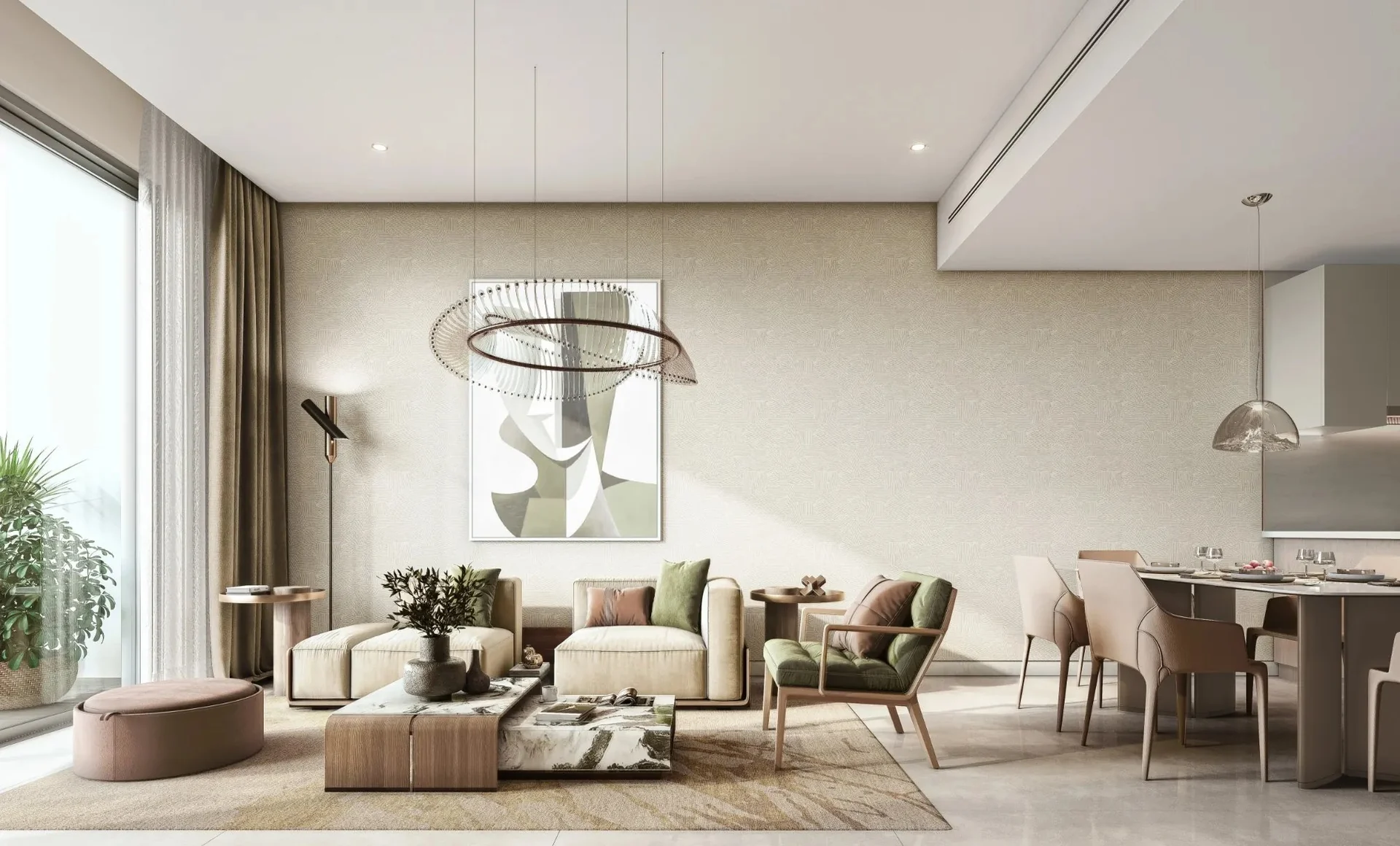 Living room at The Woods at Sobha Sanctuary — architectural rendering